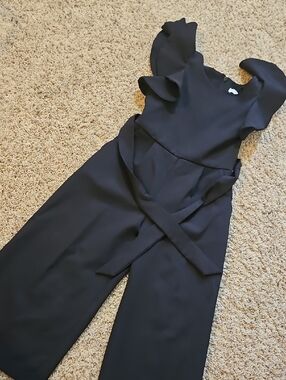 GB Little Girl's Black Ruffle-Sleeve Jumpsuit with Waist Tie